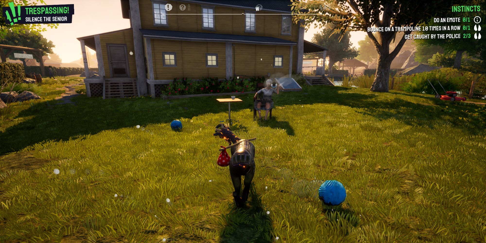 Pilgor gets hit with projectiles being shot by an old woman sitting in her lawn