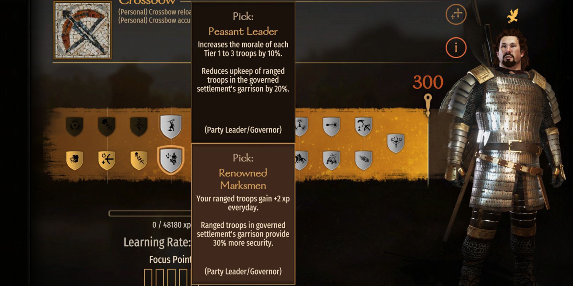 Your ranged troops gain +2 xp everyday. Ranged troops in governed settlement's garrison provide 30% more security.