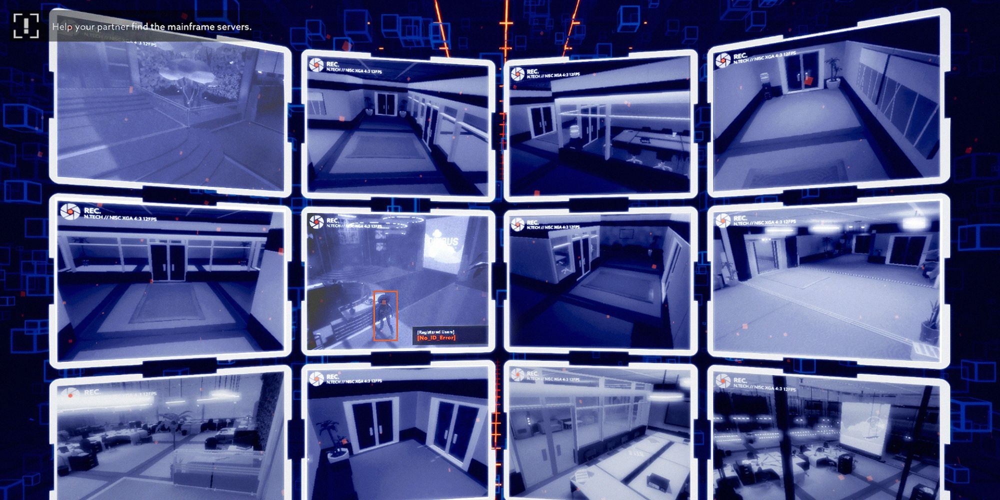 12 displays showing recording feeds of different sectors in search of mainframe servers