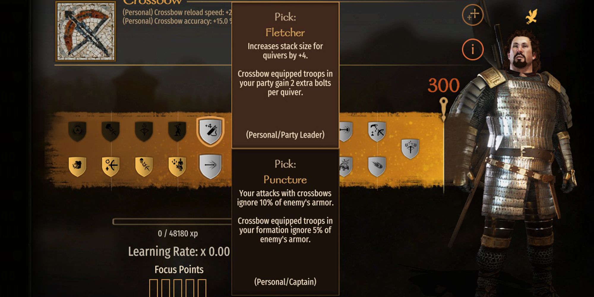Increases stack size for quiver by +4. Crossbow equipped troops in your party gain 2 extra bolts per quiver.