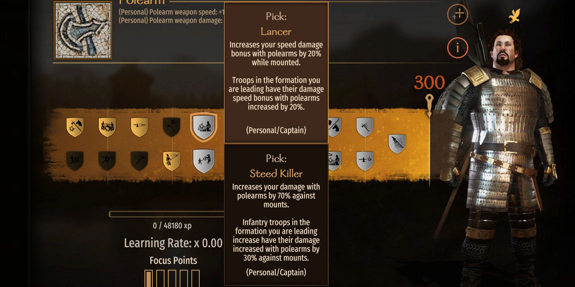 Increase your speed damage bonus with polearms by 20% while mounted. Troops in the formation you are leading have their damage speed bonus with polearms increased by 20%.