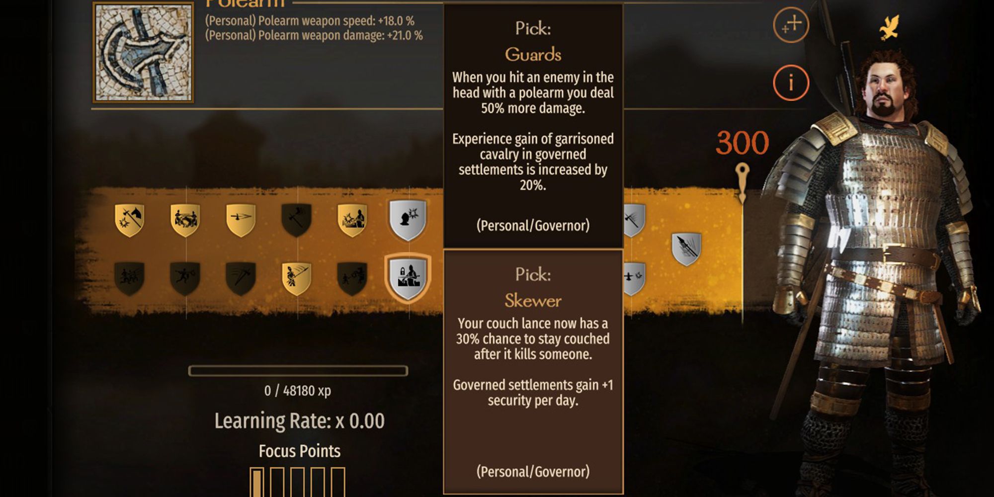 Your couch lance now has a 30% chance to stay couched after it kills someone. Governed settlements gain +1 security per day.