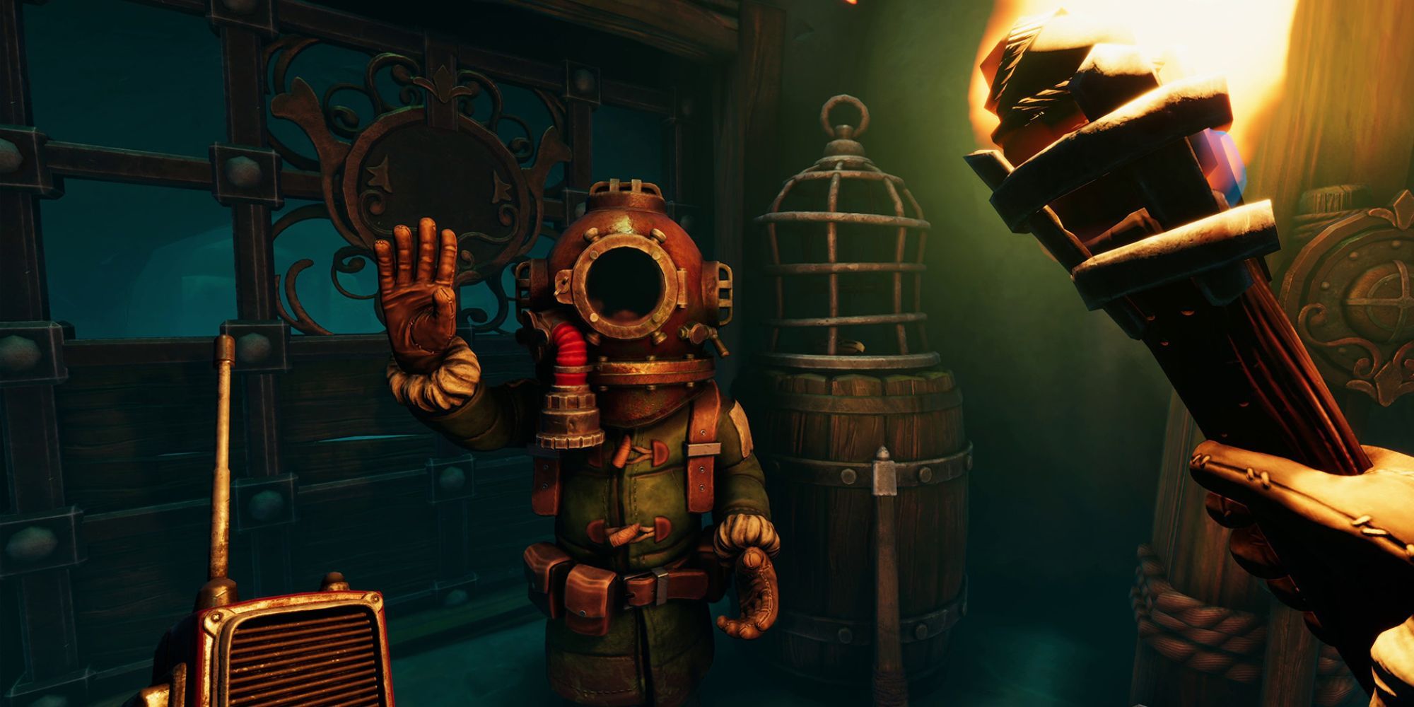 player holds a walkie-talkie and torch while looking at another player wearing snow gear and an antique diver's helmet waving 