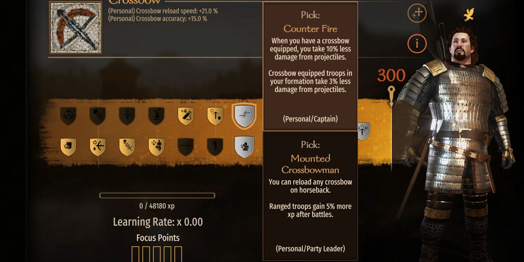 When you have a crossbow equipped, you take 10% less damage from projectiles. Crossbow equipped troops in your formation take 3% less damage from projectiles.