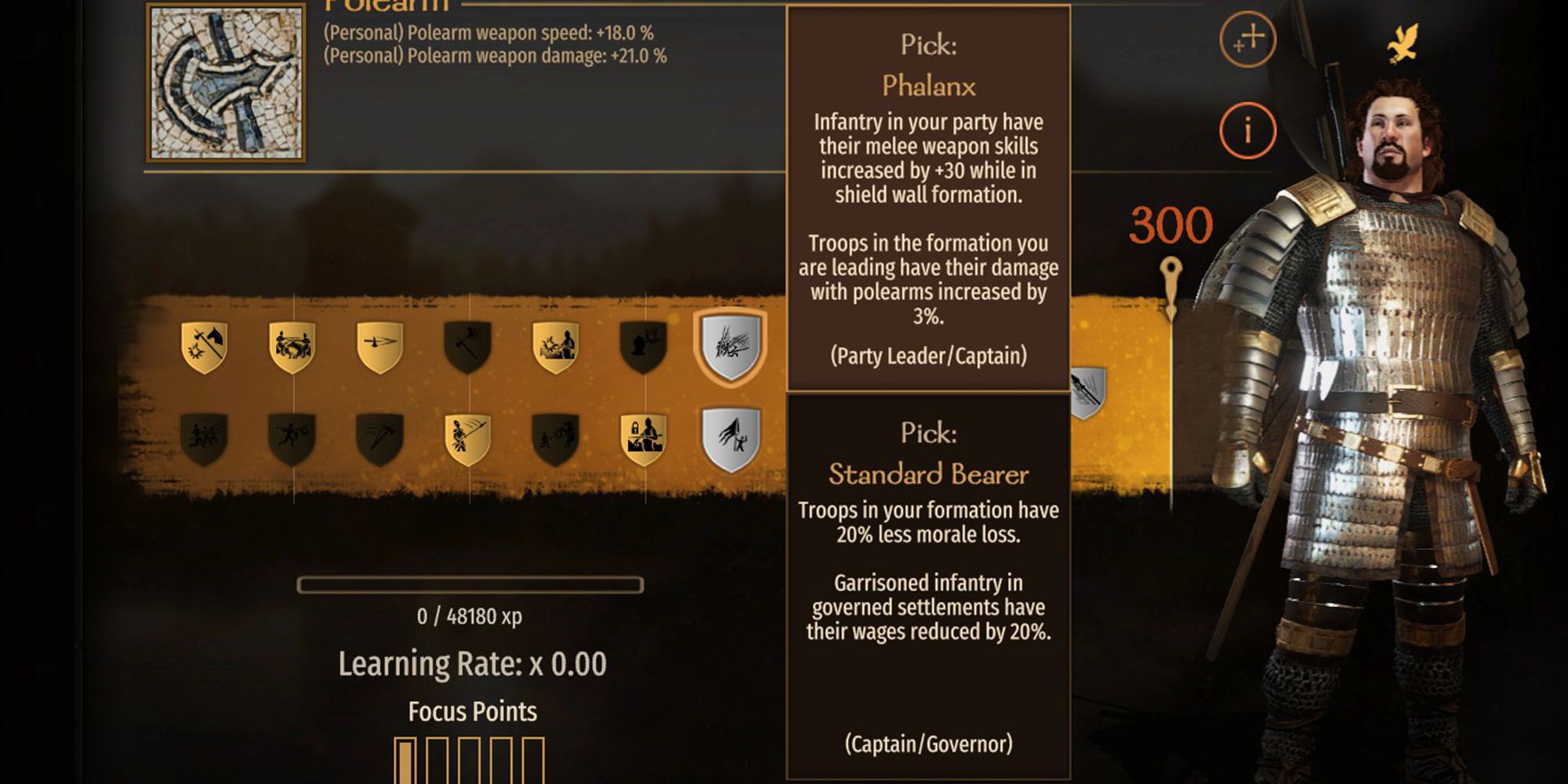 Infantry in your party have their melee weapons skills increased by +30 while in shield wall formation. Troops in the formation you are leading have their damage with polearms increased by 3%.
