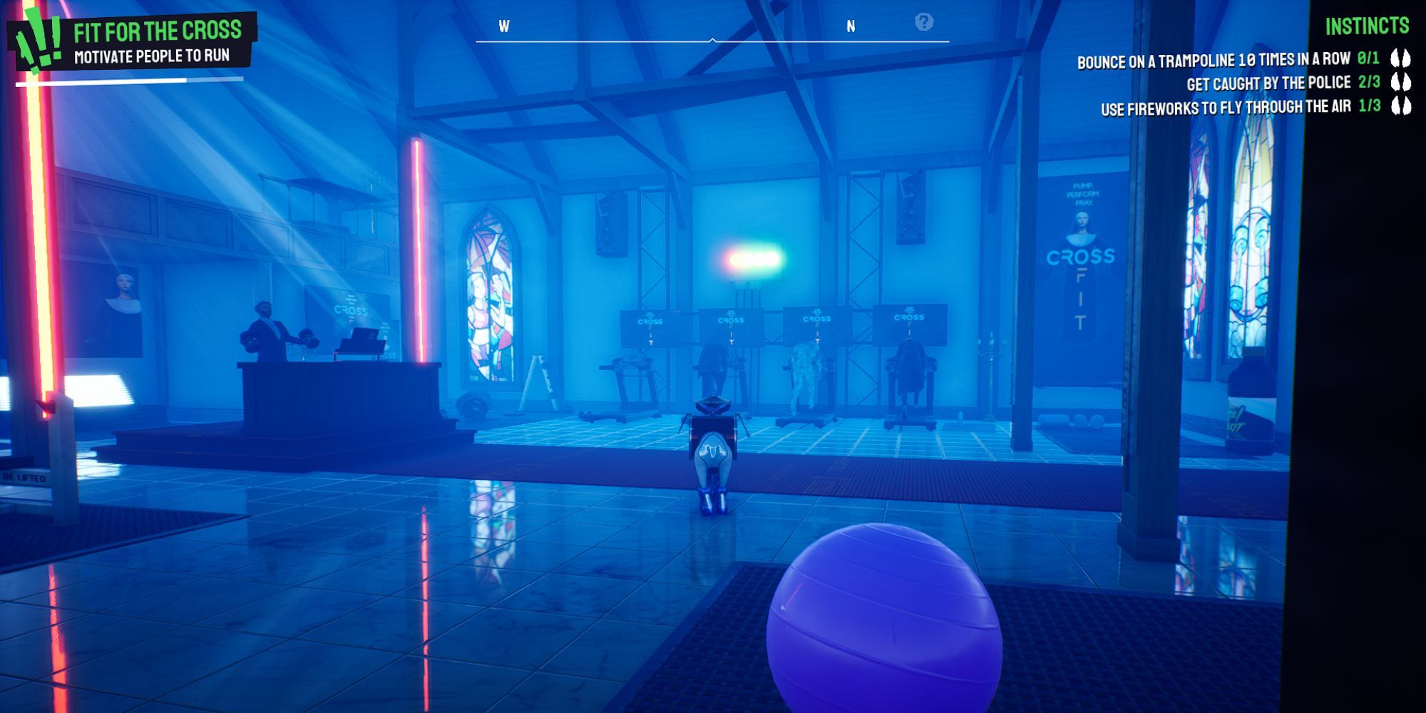 two ghosts and two mourners run on treadmills inside a chapel decked with LED lights and cross fit paraphernalia, Pilgor stands in the middle as a priest lifts weights