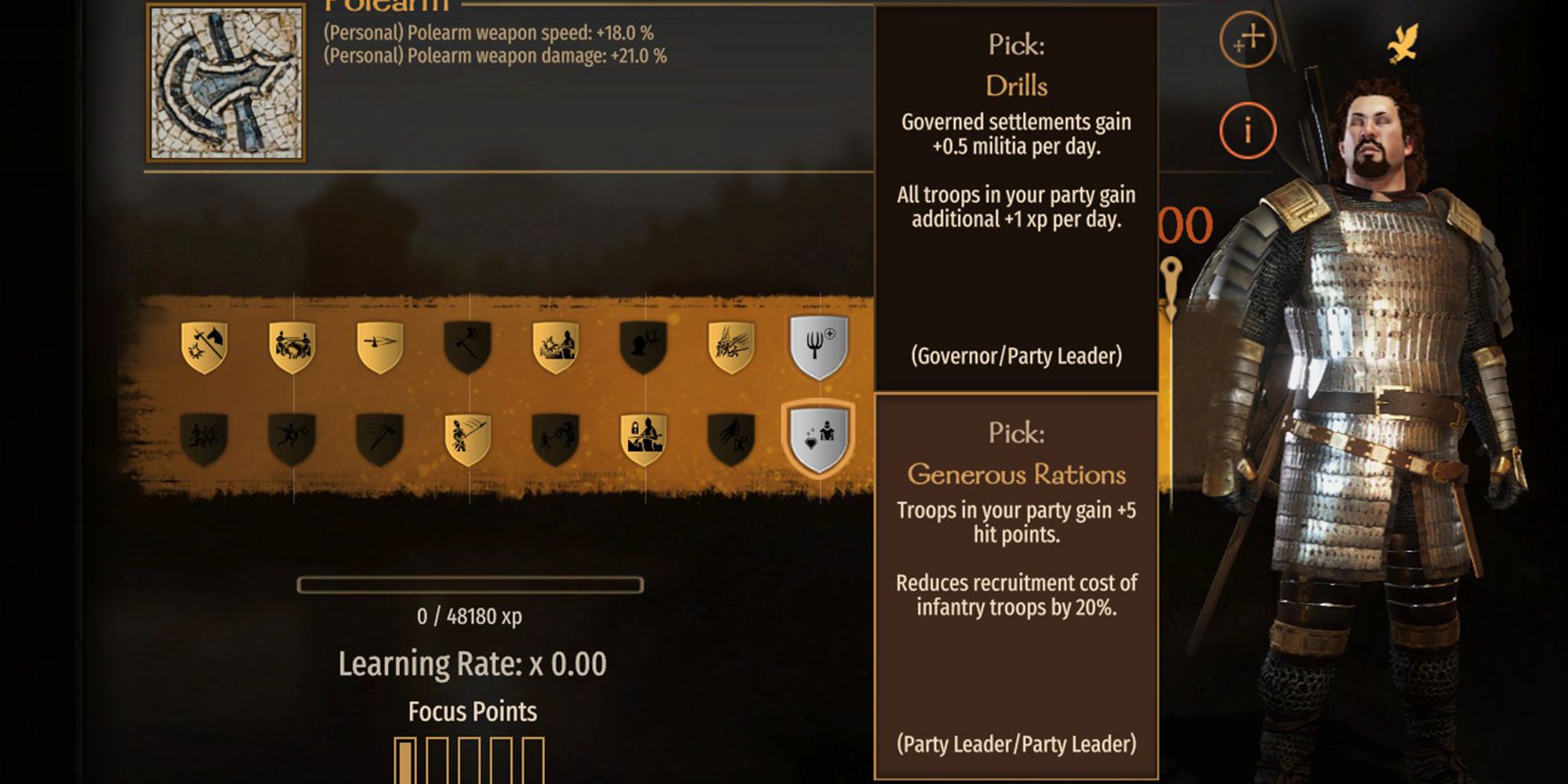 Troops in your party gain +5 hit points. Reduces recruitment cost of infantry troops by 20%.