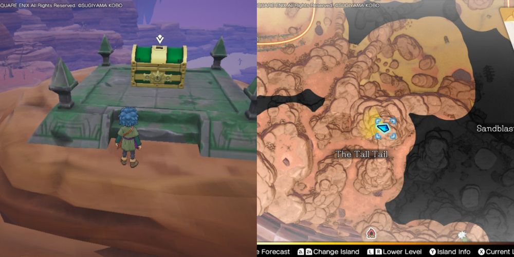 The location of a large chest on the Maneland in Dragon Quest Treasures.