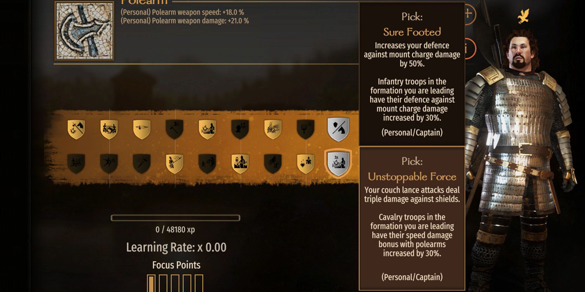 Your coach lance attacks deal triple damage against shields. Cavalry troops in the formation you are leading have their speed damage bonus with polearms increased by 30%.