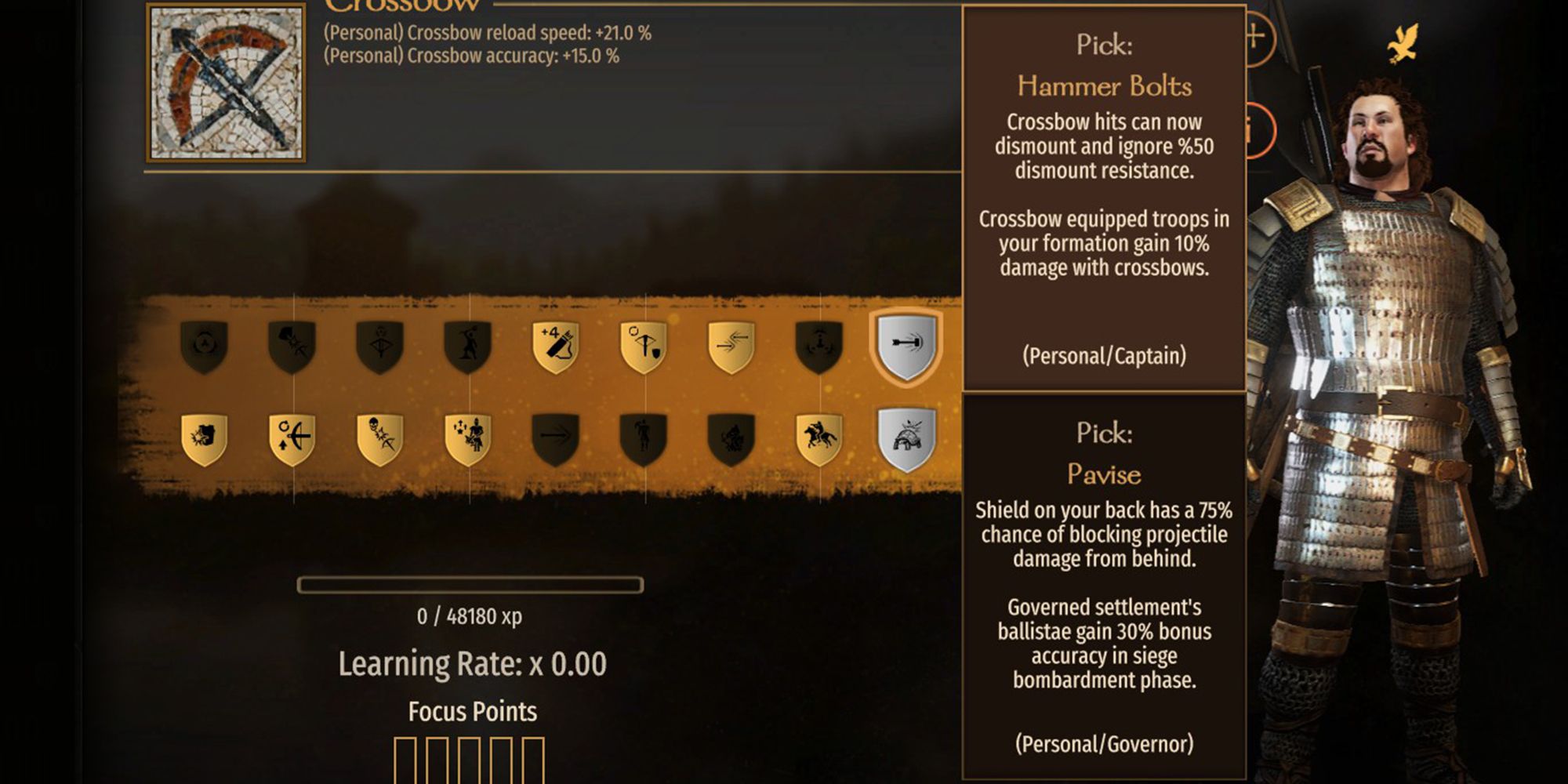 Crossbow hits can now dismount and ignore 50% dismount resistance. Crossbow equipped troops in your formation gain 10% damage with crossbows.