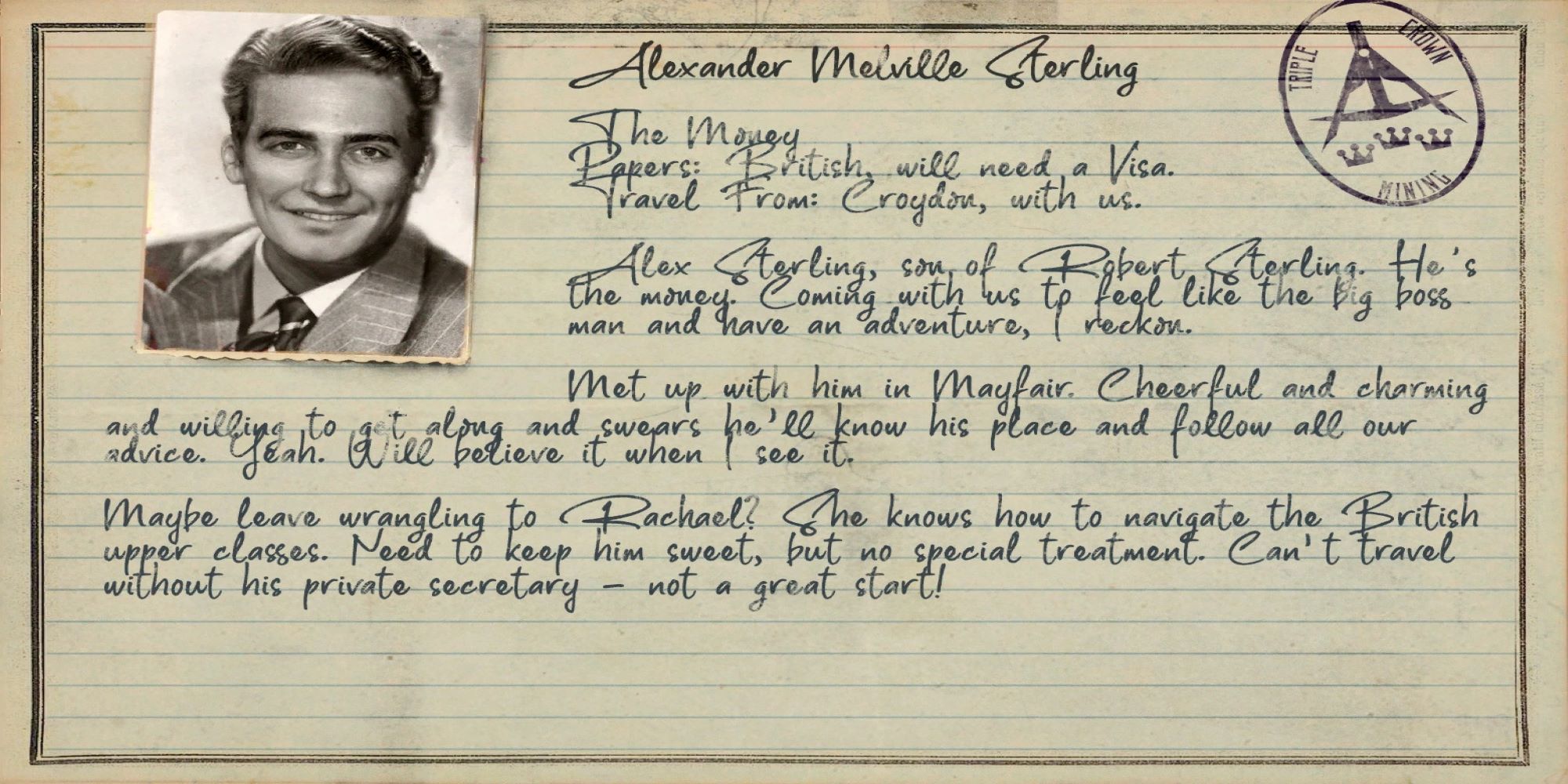 A screenshot of a dossier entry for Alex Stirling showing key information in Amnesia: Rebirth