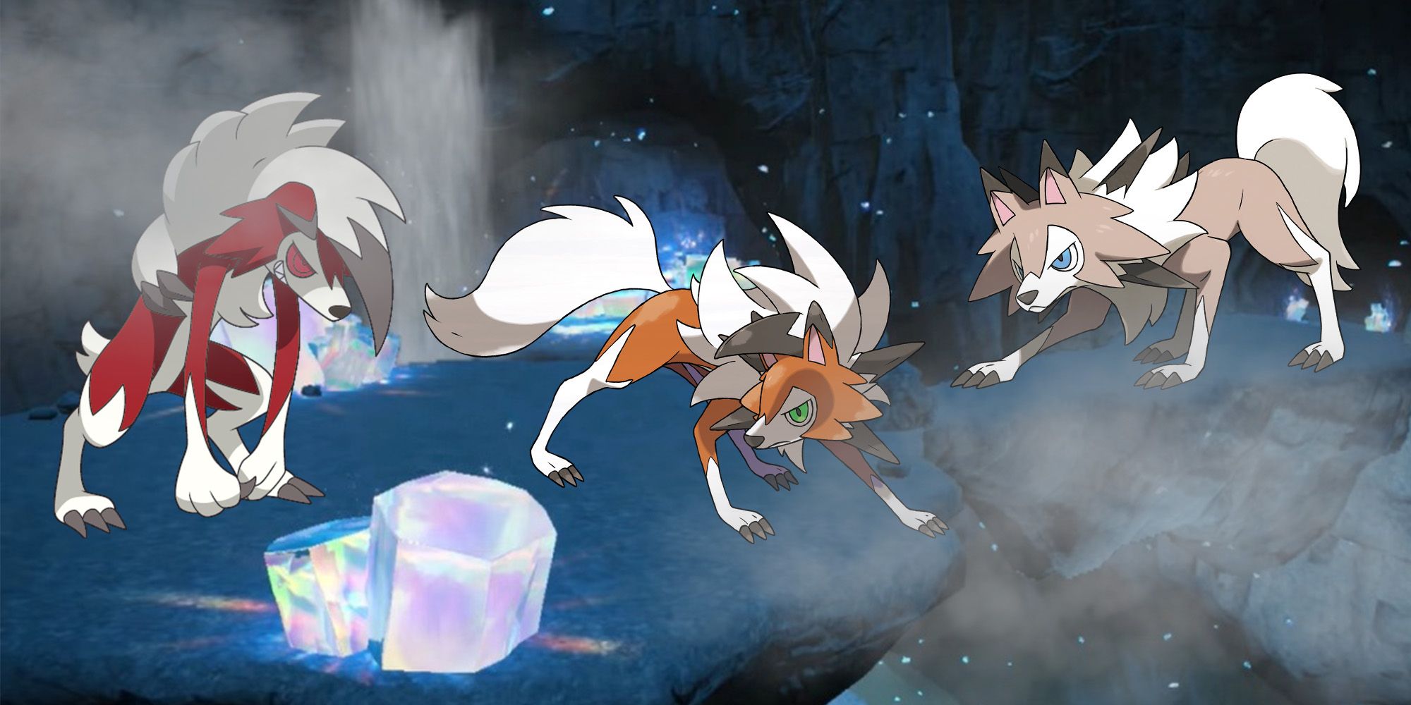 Pokemon: All three forms of Lycanrock standing in a crystal covered cave in the great crater of Paldea