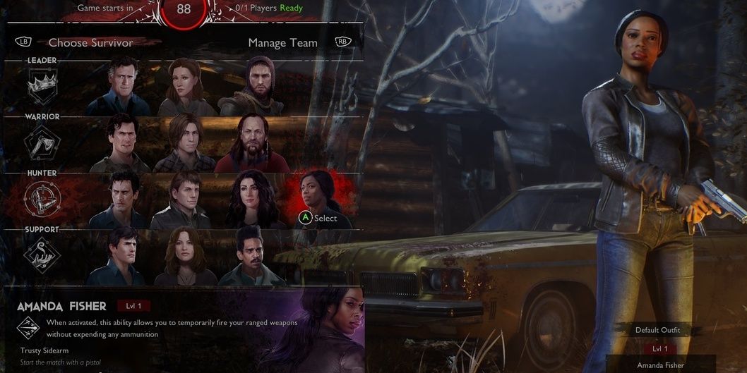 Amanda from Ash vs Evil Dead holding a handgun in the character select screen