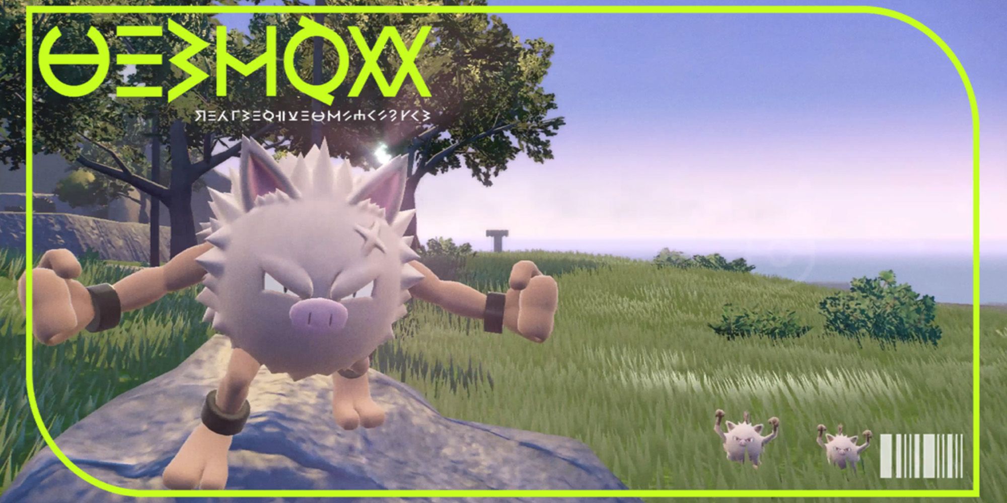an angry primeape standing on a rock in the sun in its Pokedex picture from Pokemon Scarlet and Violet