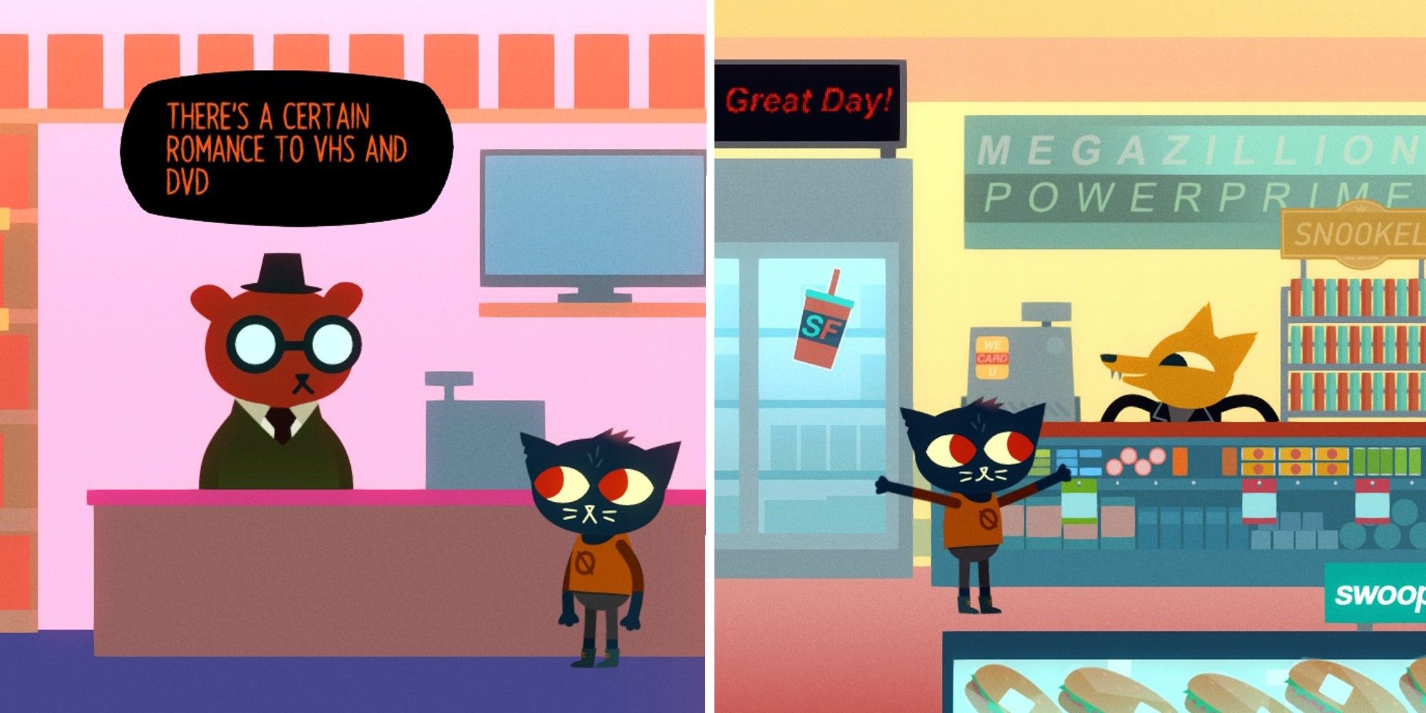 Mae visits boyfriends Angus and Gregg at their respective workplaces in Night in the Woods
