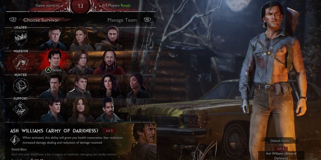 Ash from Army of Darkness with torn shirt posing in character select screen