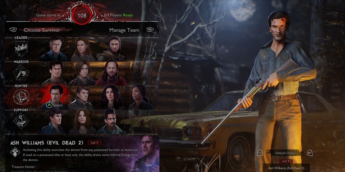 Ash from Evil Dead 2 holding a shotgun in the character select screen