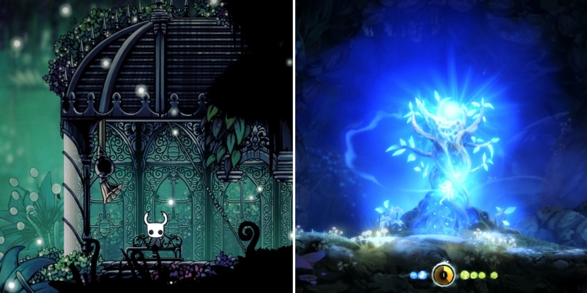 Two screenshots from Hollow Knight and Ori and the Blind Forest.
