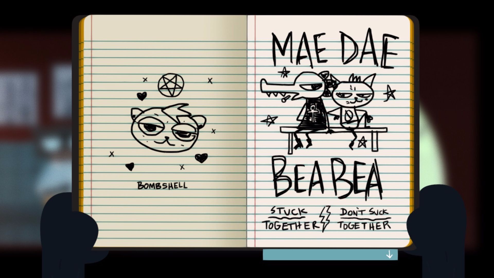 Mae's journal drawings show her resolved friendship with Bea in Night in the Woods
