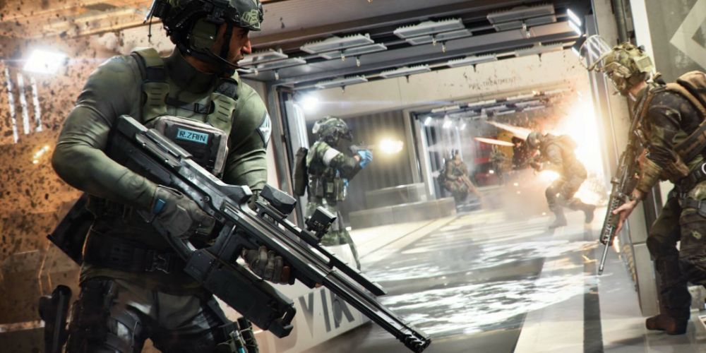 Soldiers in a fight in a hallway in Battlefield 2042.