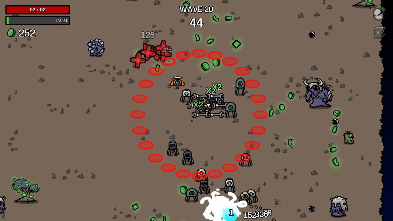 The boss sends out multiple projectiles to attack the player in Brotato.