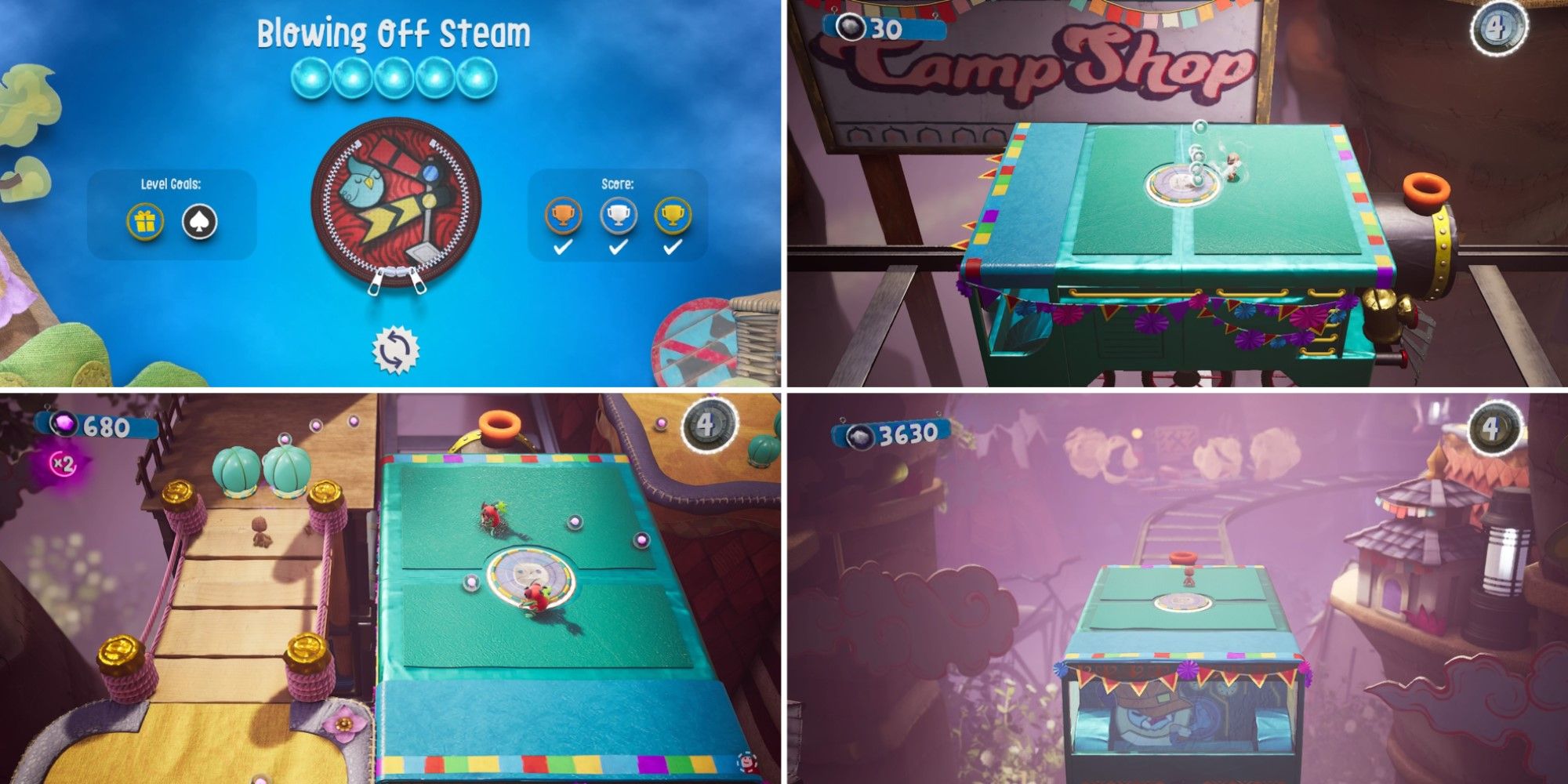 Four screenshots from the level Blowing Off Steam in Sackboy: A Big Adventure.