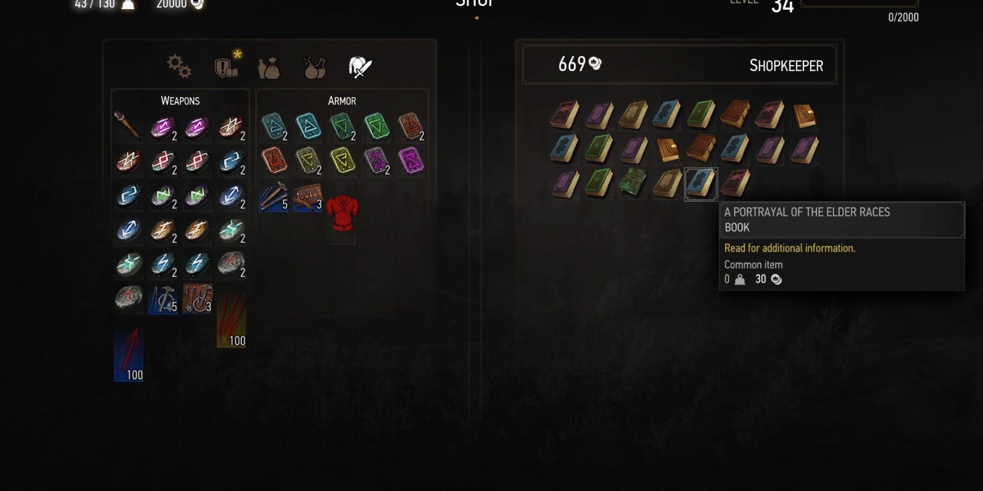 Shopkeeper screen showing books you can purchase.