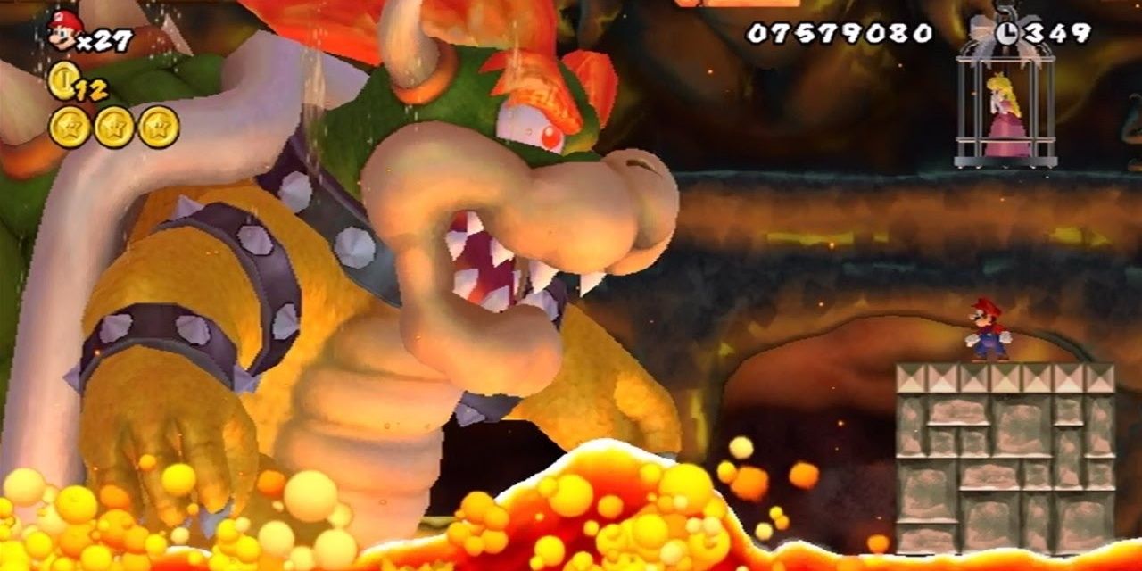A screenshot of a giant Bowser attacking Mario in New Super Mario Bros.