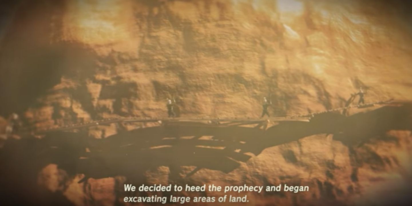 Hylians excavating Sheikah relics, with the King's dialogue saying, "We decided to heed the prophecy and began excavating large areas of land."