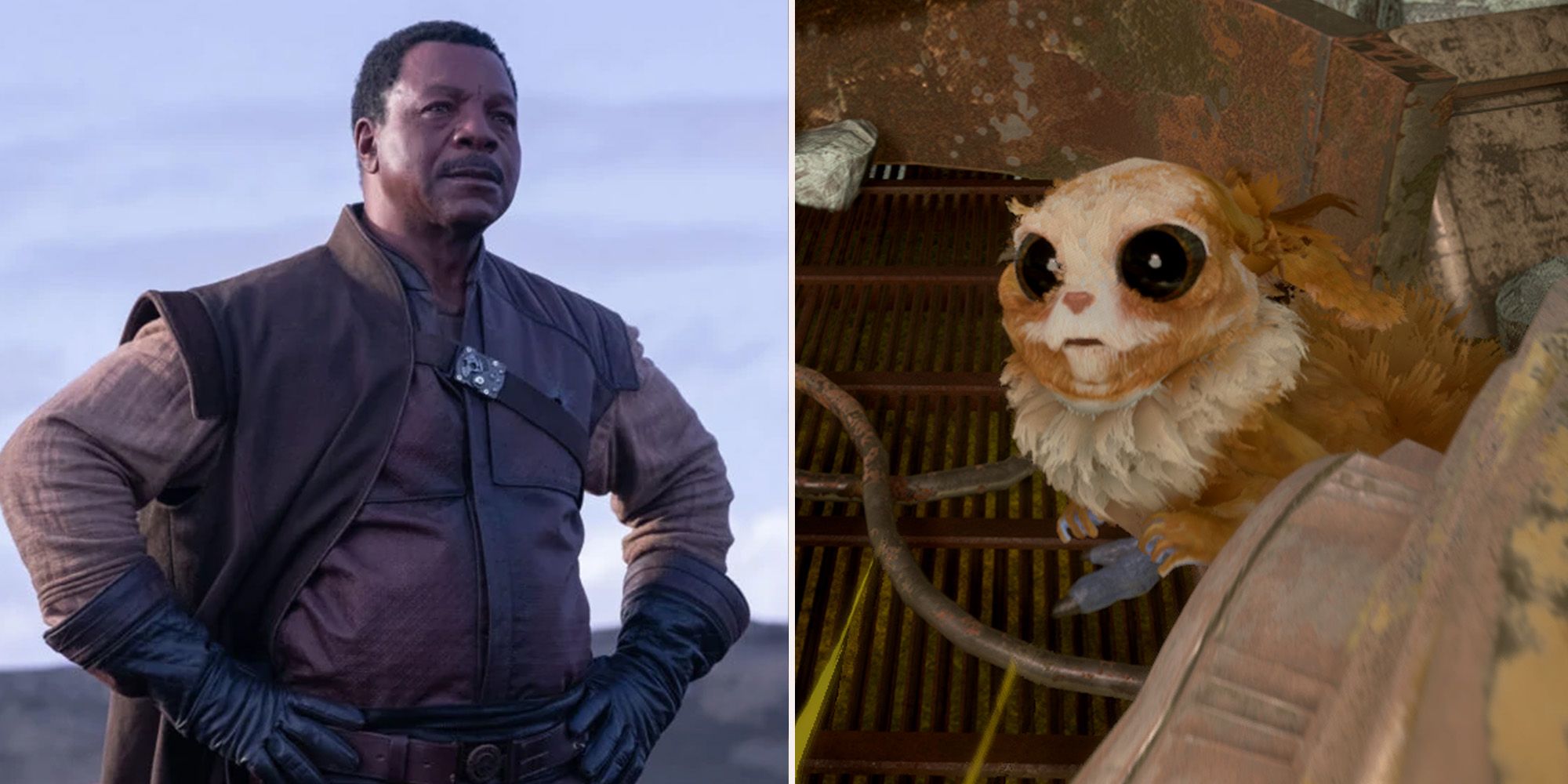 Carl Withers as Greef Karga in Mandolorain, looking out over the dessert landscape, AND a small furry squirl like creature called a Boggling from Jedi Fallen Order, hidden in some scrap and foliage