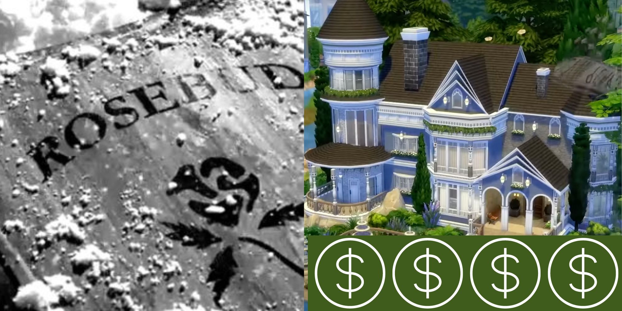 Scene from Citizen Kane and Blue Household from The Sims 4 with Money Signs 