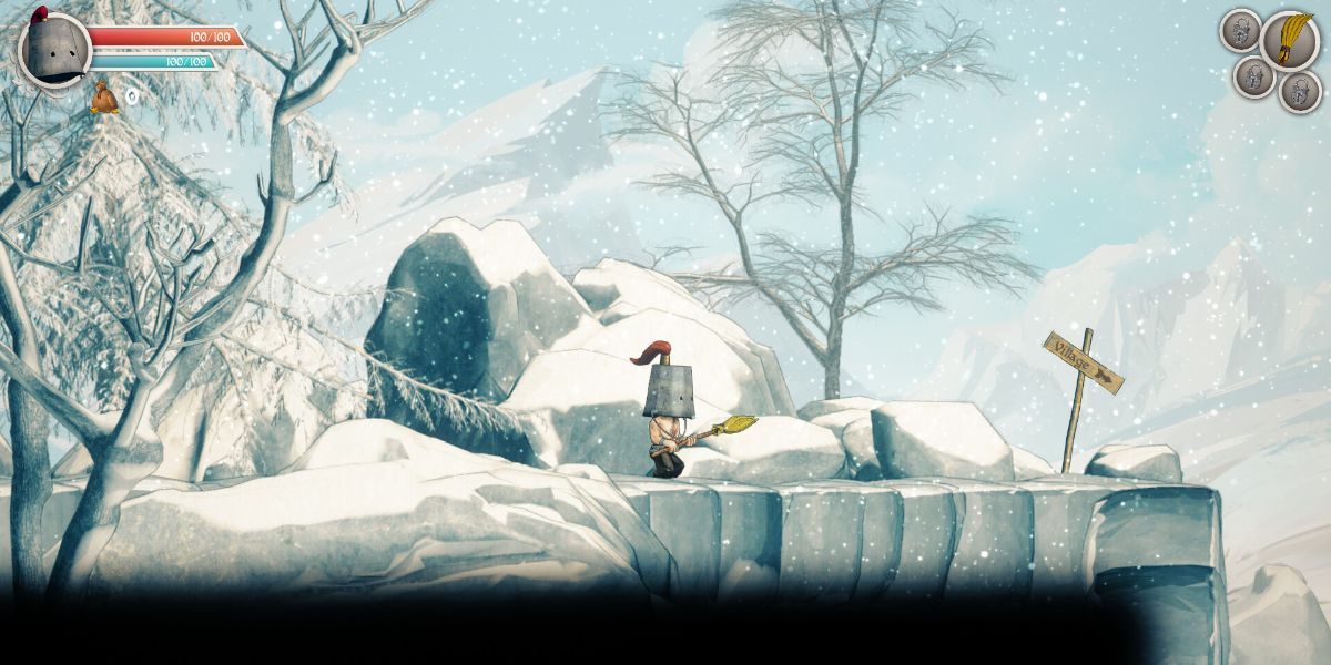 Clunky Hero gameplay screenshot of protagonist Rufus standing on a snow covered mountain