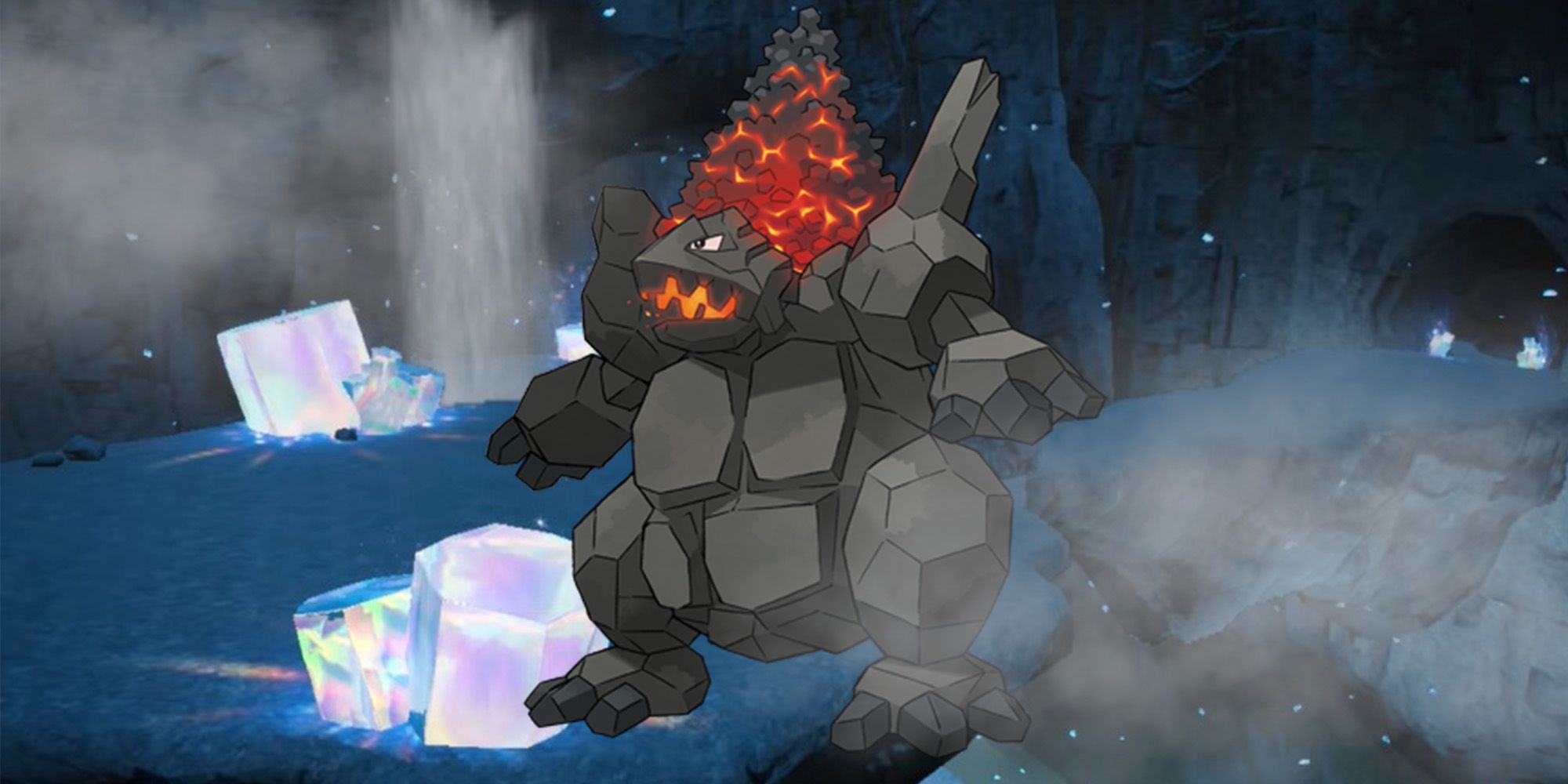 Pokemon: Coalossal standing in the crystal covered cave in the great crater of Paldea