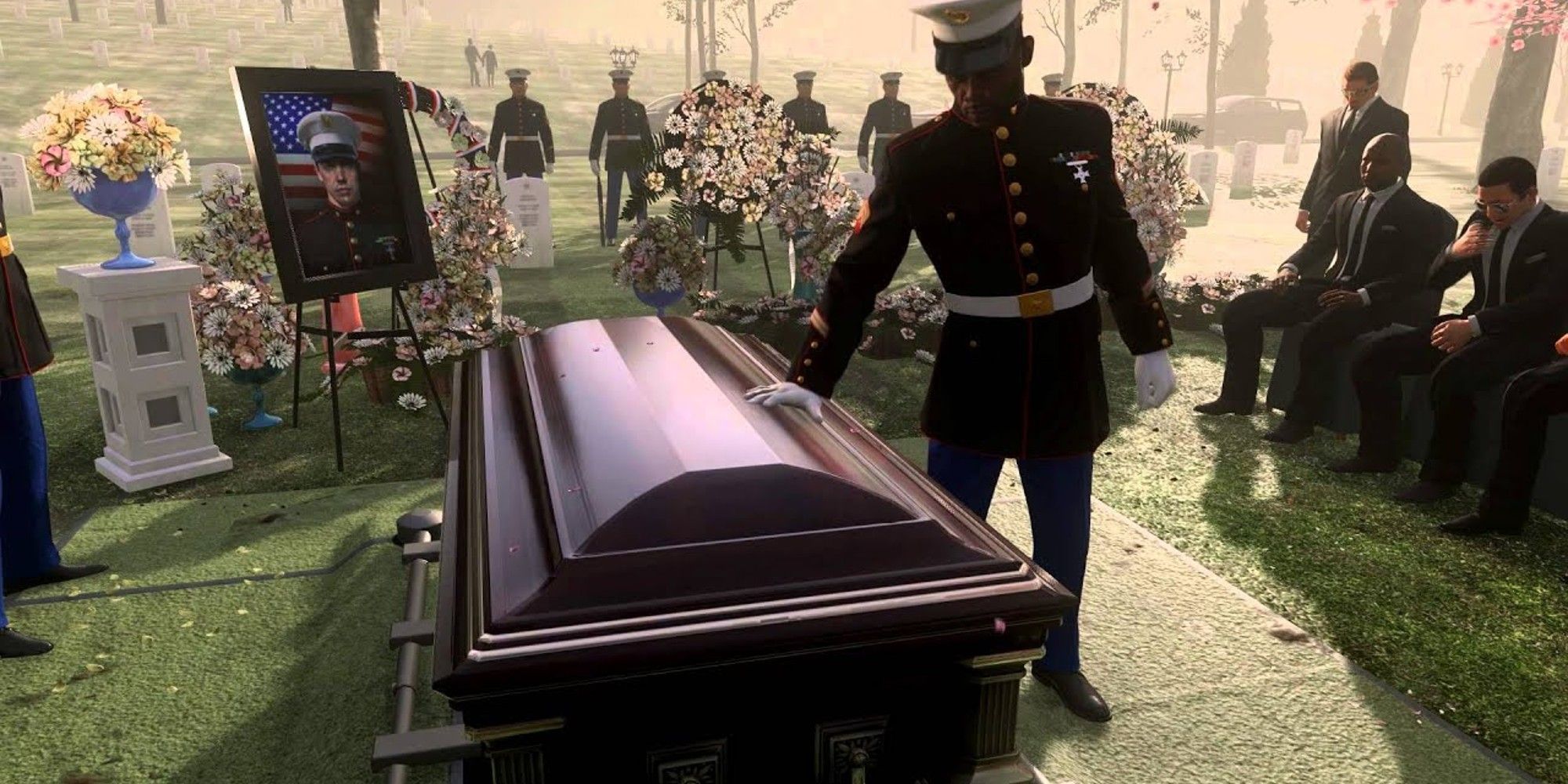 COD Modern Warfare, Press F to pay respects, with casket and soldiers at a funeral