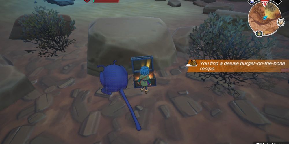 Erik finds the deluxe burger-on-the-bone recipe while exploring the Maneland in Dragon Quest Treasures.