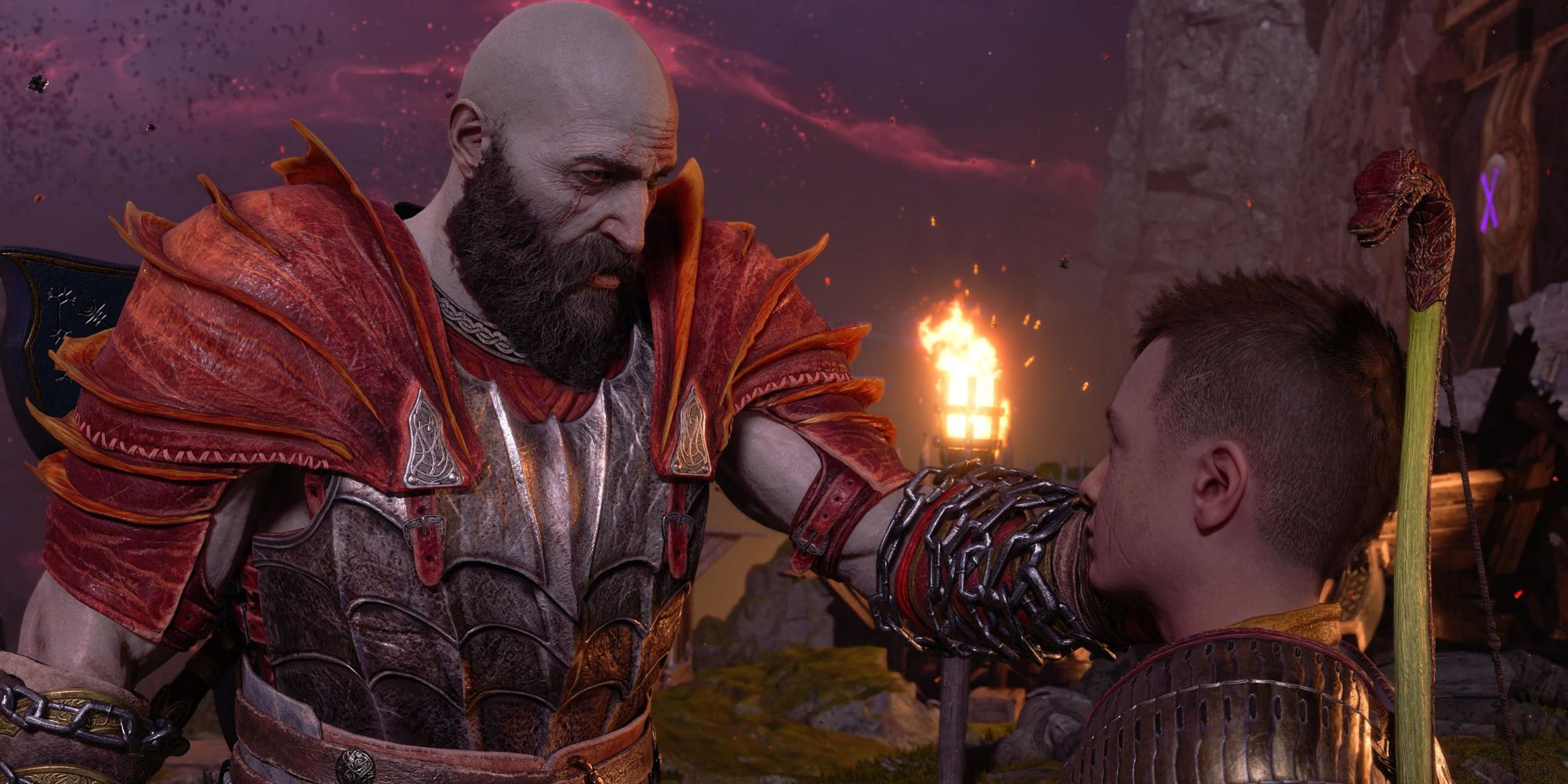 Kratos and Atreus sharing a heartwarming moment together before the final stage of the game. 