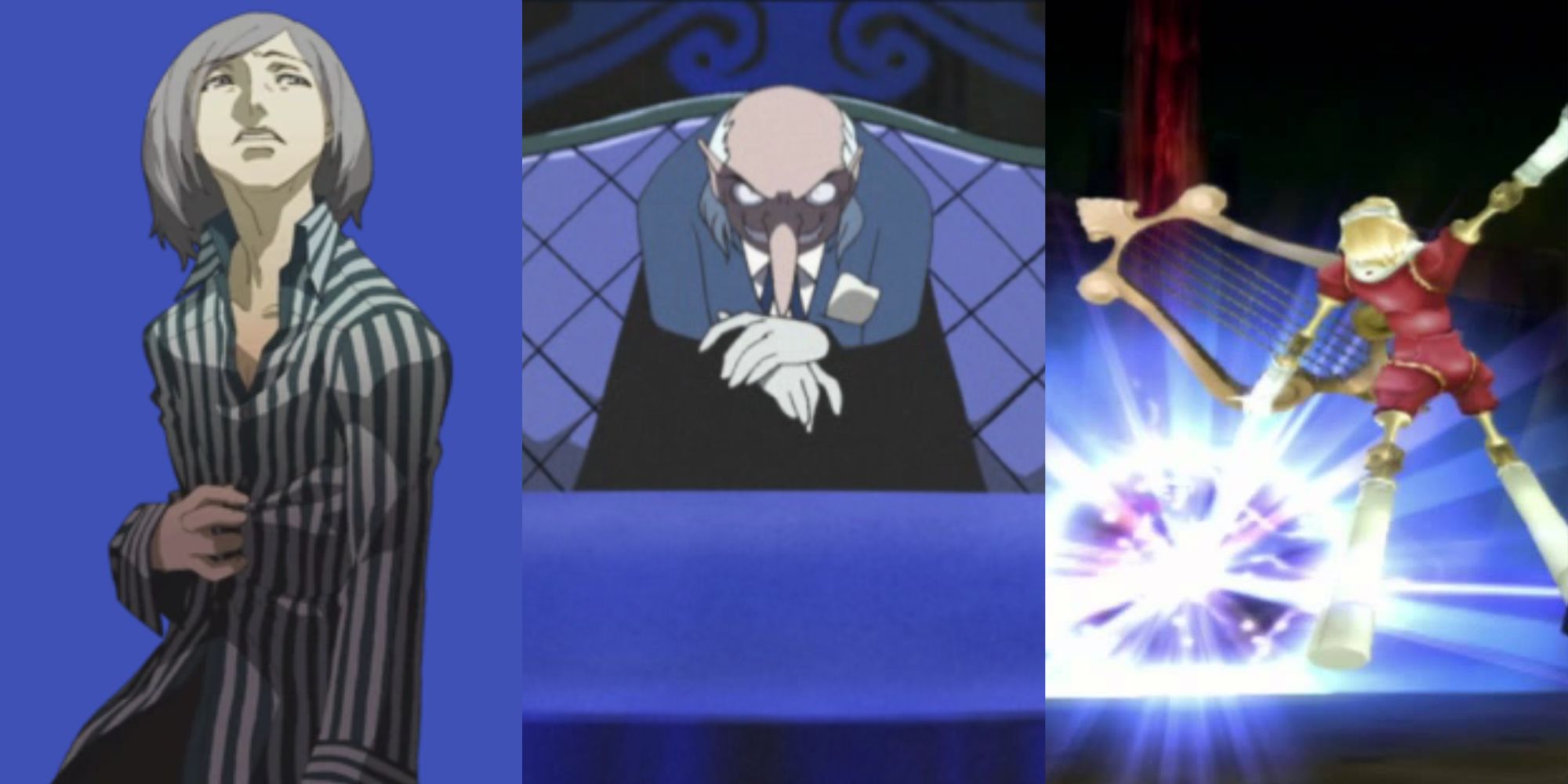 Akinari frowning and looking away, Igor with crossed hands grinning, and Orpheus Telos hitting an enemy with a ball of light