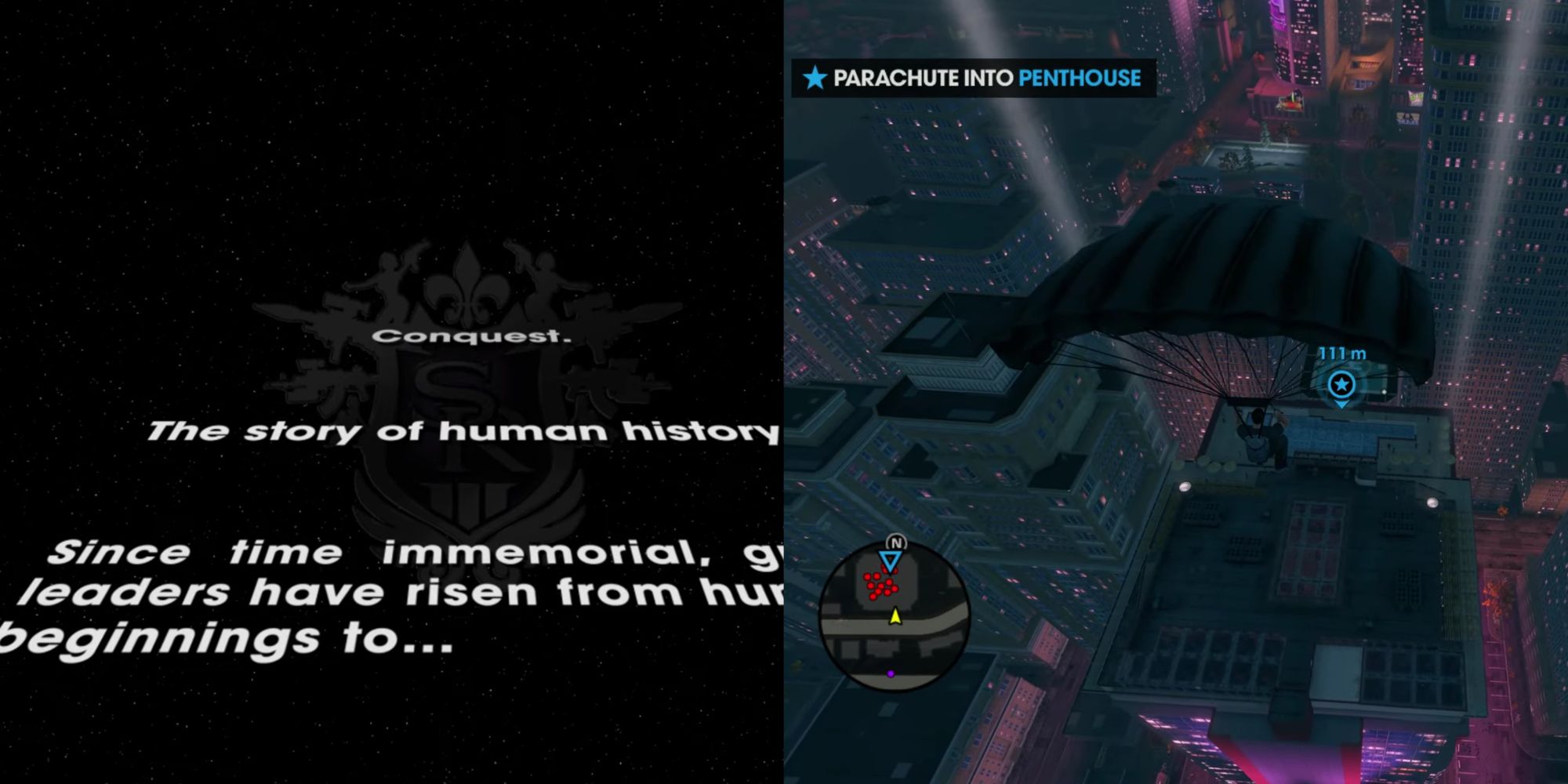 Two image collage of the opening sequence playing out in Saints Row: The Third and parachuting during the "Party Time" mission.