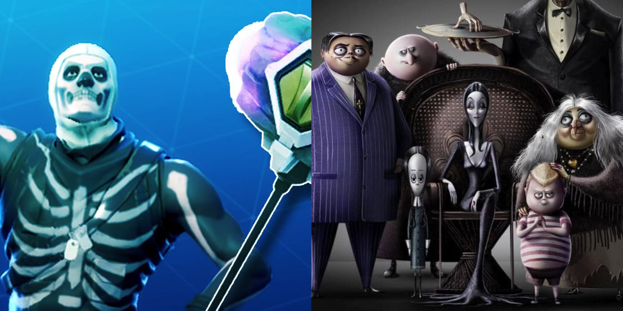 fortnite skeleton skin and shockwave hammer next to the Addams Family Movie 