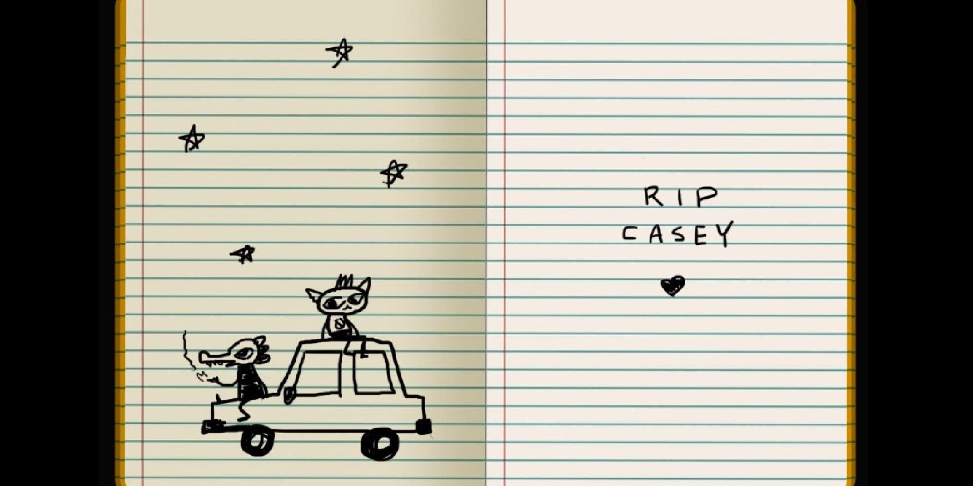Mae's sketch of her and Bea stargazing on top of Bea's car, and a memorial sketch for Casey in Night in the Woods