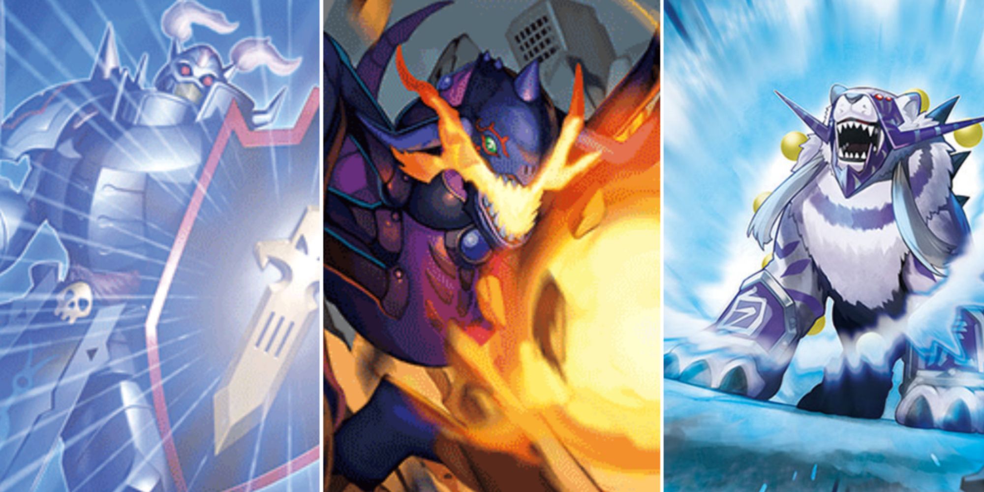 breath of the gods, ultimate flare, and kongou art collage from digimon card game