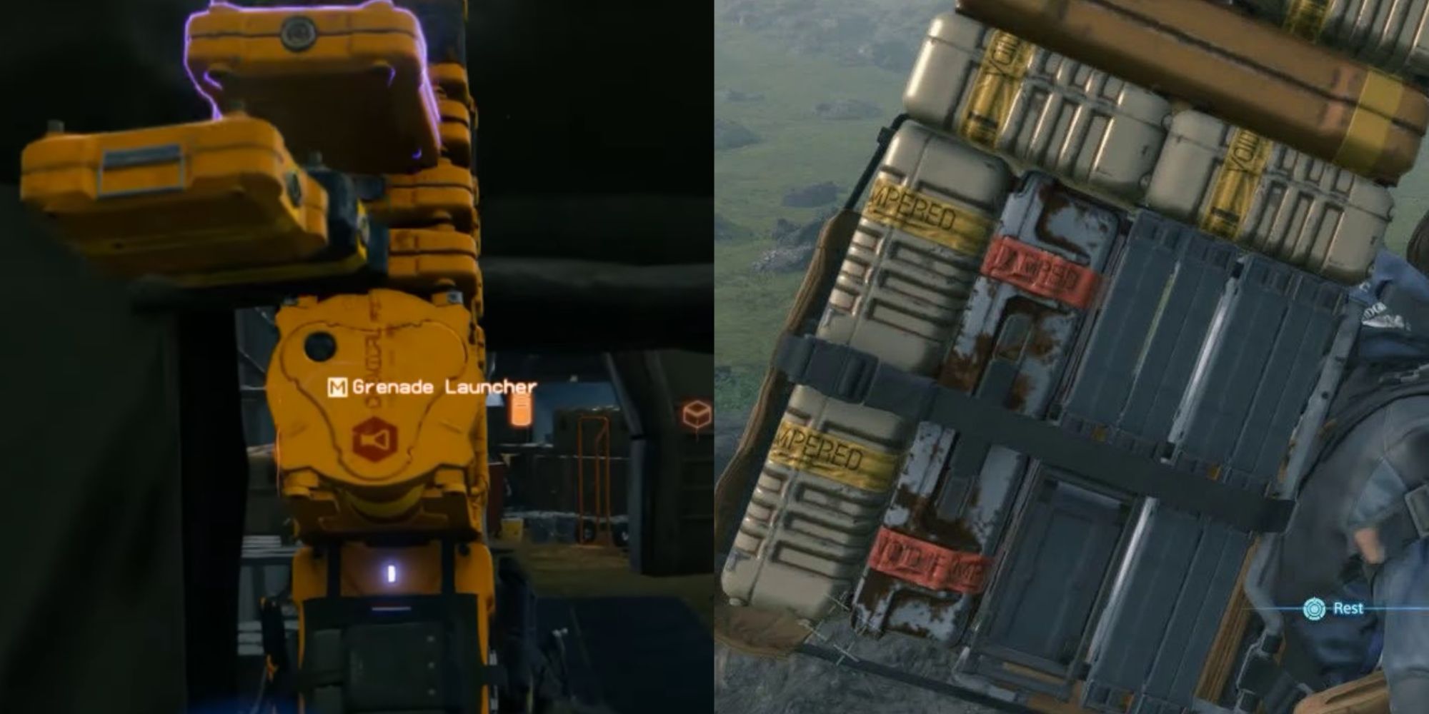 Split image of packages falling from being knocked into a narrow entrance and their material being corroded by timefall rain.