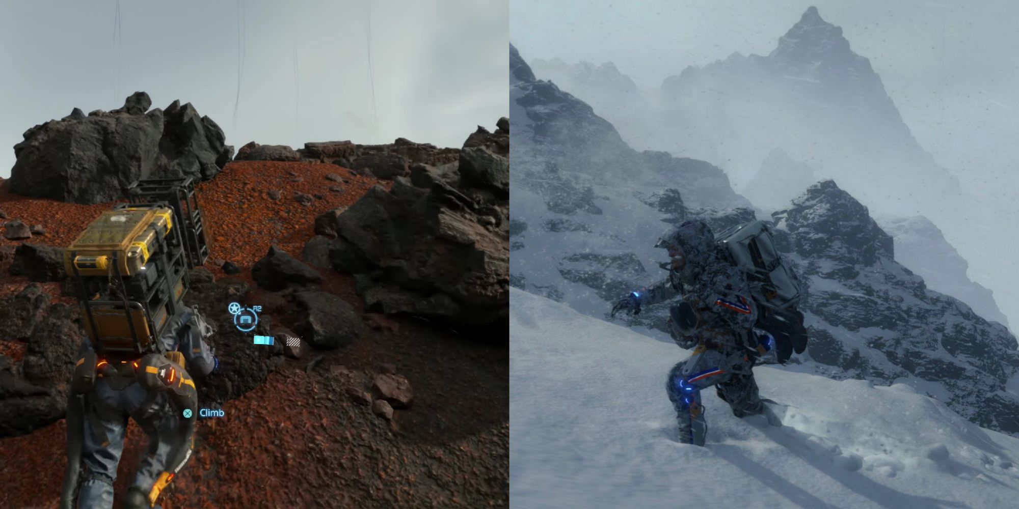 Two photo collage showing the various rough terrain Sam is struggling to overcome.
