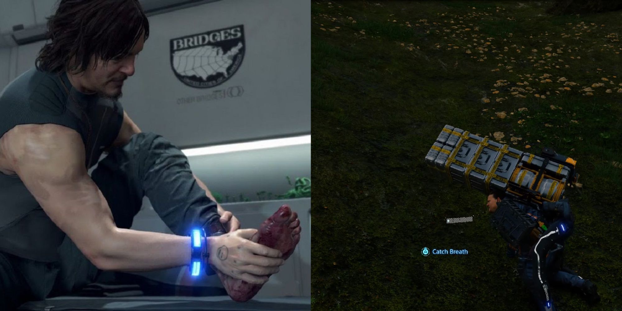 Split image of Sam holding up his bloody foot in the Bridges room and tiring on the ground from exhaustion.