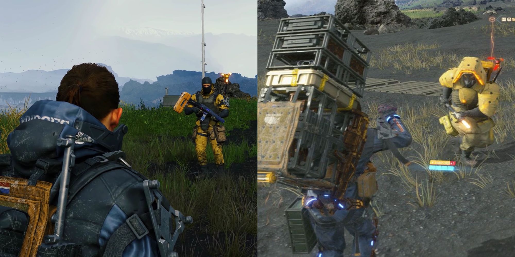 A split image of two photos contrasting how a MULE treats you when you have cargo containers and when you don't in Death Stranding.
