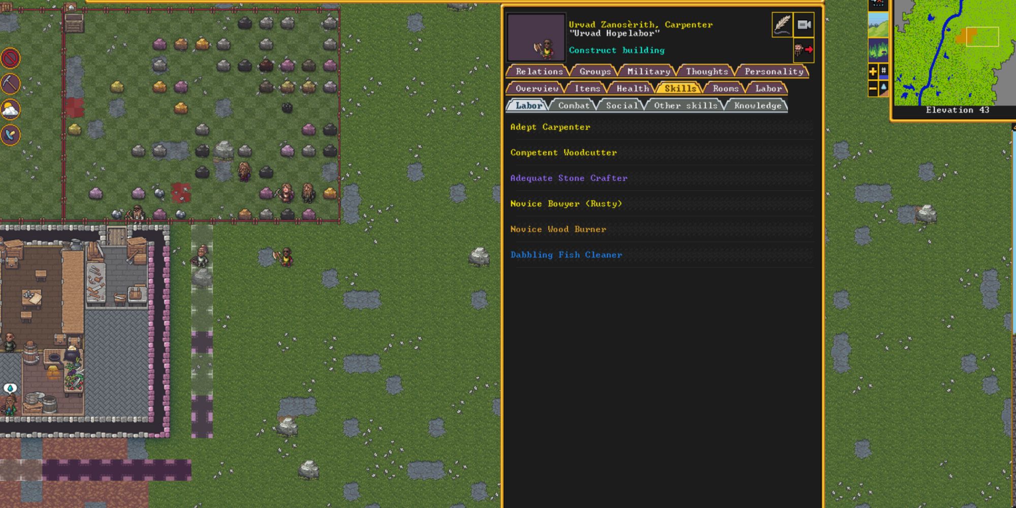 dwarf fortress dwarf skill overview menu, carpenter