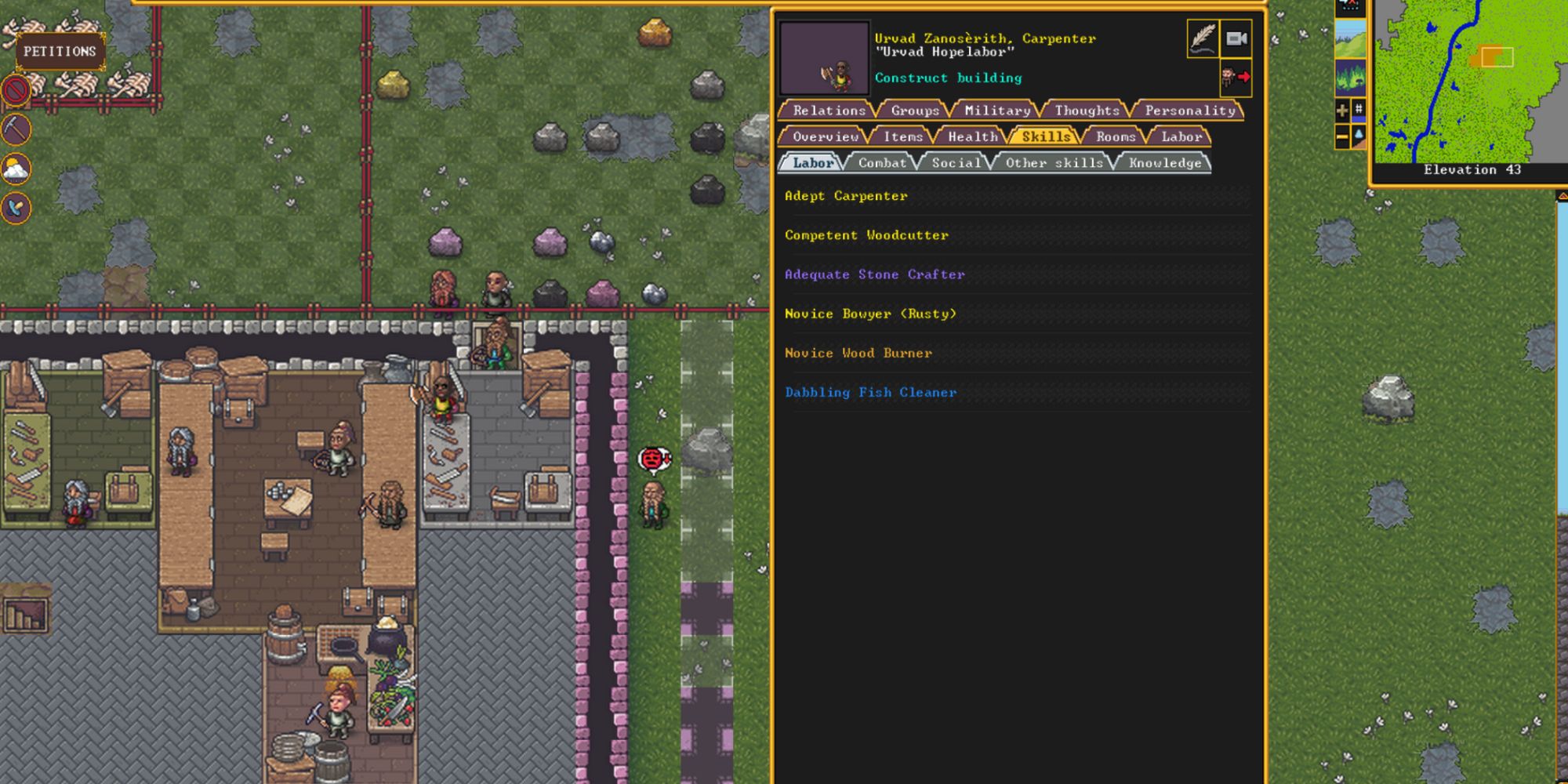 dwarf fortress dwarf skill overview menu, woodcutter