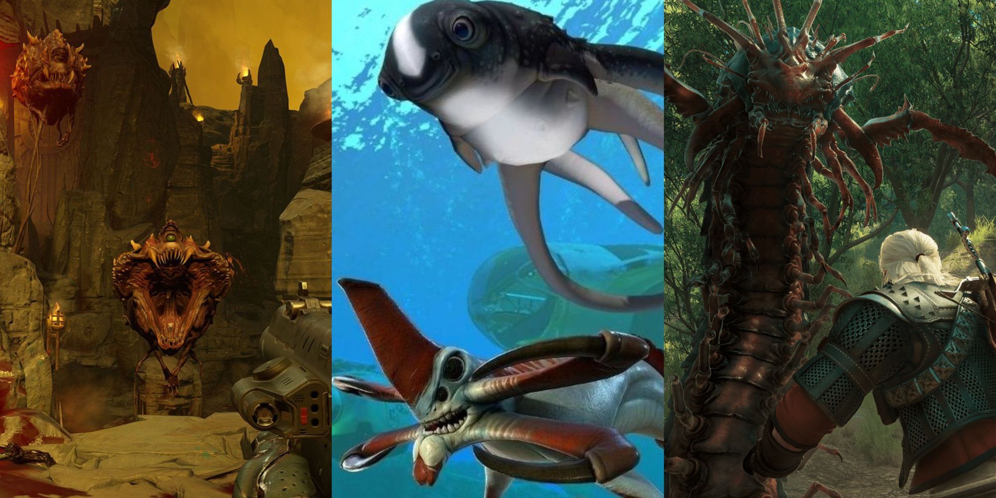 A collage featuring Cacodemons attacking the player, alien species of marine life in Subnautica, and Geralt facing a giant Centipede in The Witcher 3.