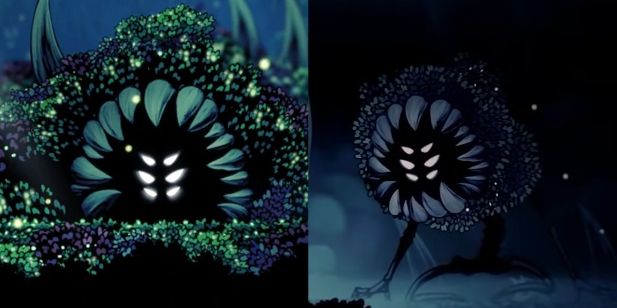 A double image collage showing Hunter in his dormant form along the region of the Greenpath and then later his full reveal with the rest of his body in view.