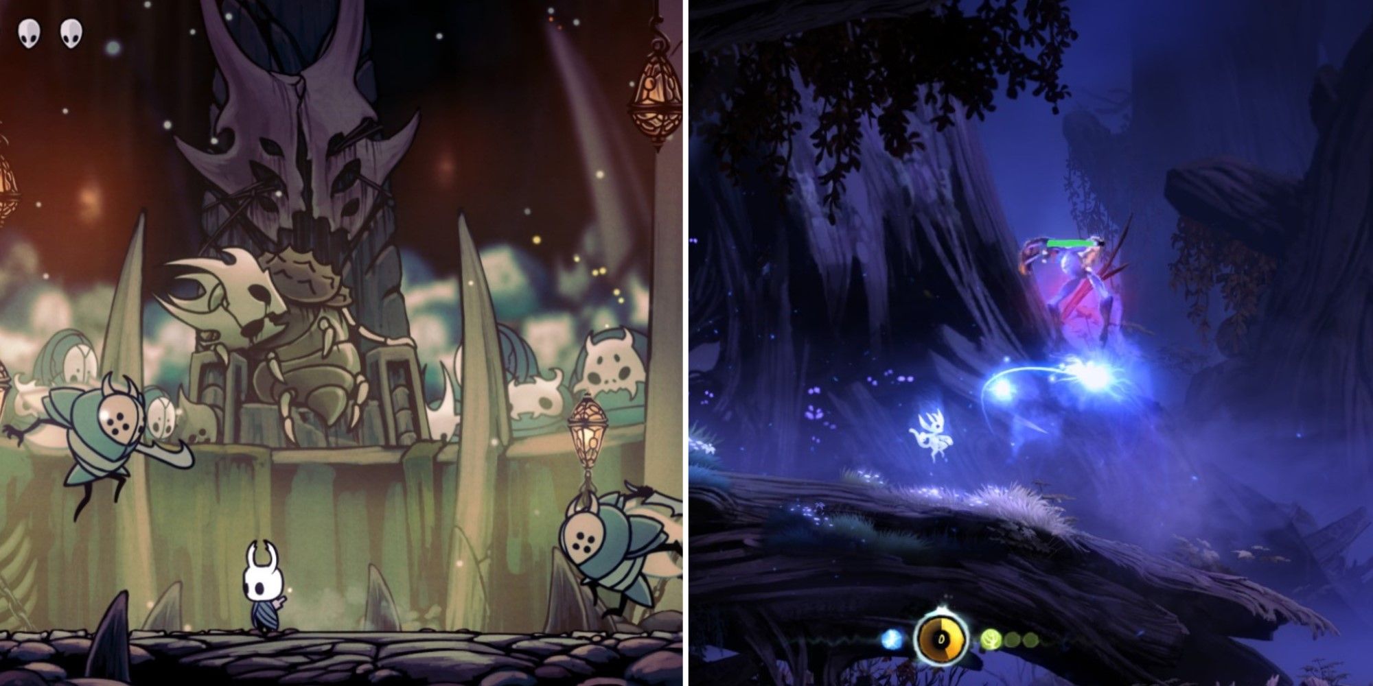 Screenshots of combat scenarios from Hollow Knight and Ori and the Blind Forest.
